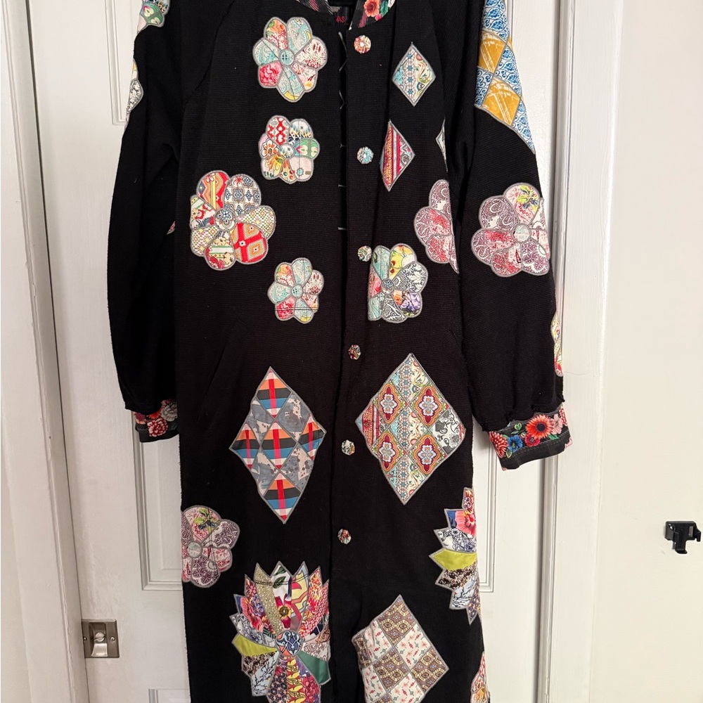 Johnny Was Black Embroidered Patchwork Long Jacket
